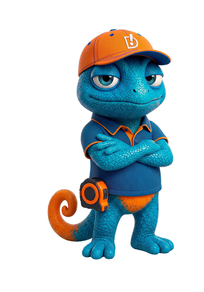 Mascote da Divulga: camaleão vestindo boné e camisa polo com as cores da marca, de braços cruzados
